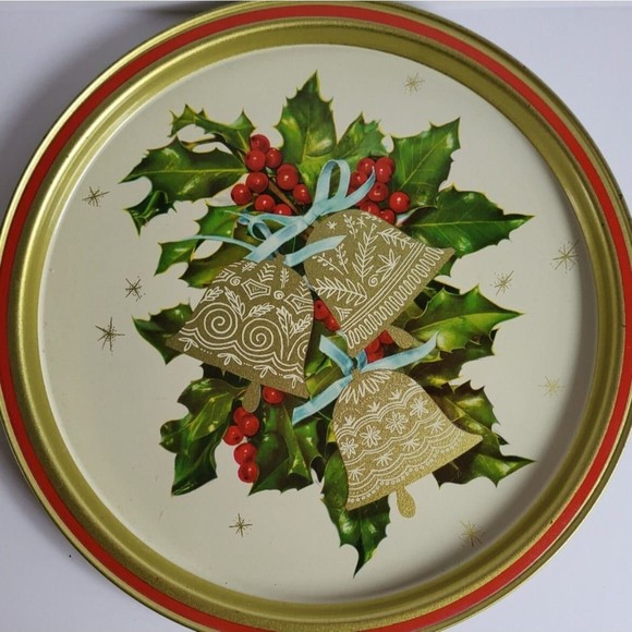 Christmas Serve Tray Tin Bells Starburst Holly Gold Vintage - Picture 1 of 6